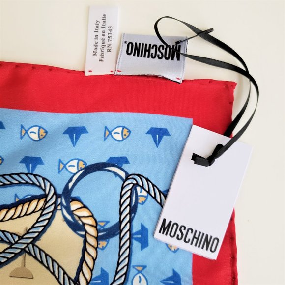 NWT Moschino 100% silk Scarf Italy Nautical Sailor heart bear - Picture 4 of 6